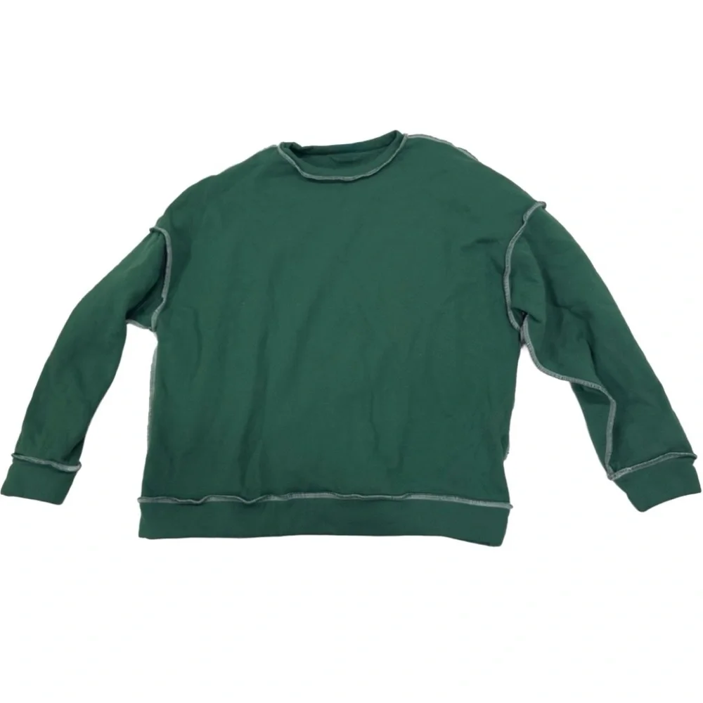 Green Sweatshirt Exposed Seam Crewneck Fleece Pullover (Size Medium) - Picture 2 of 5
